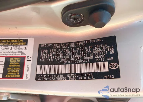 2012 Toyota Camry Se V6/Xle V6 z USA, uszkodzony, nr VIN 4T1BK1FK4CUS05475